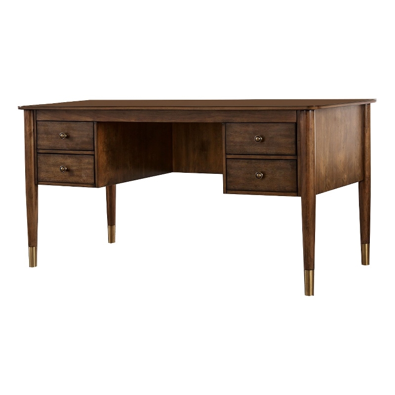 Pemberly Row Wooden Desk with 4 Drawers and Metal Toed Feet in Brown and Gold