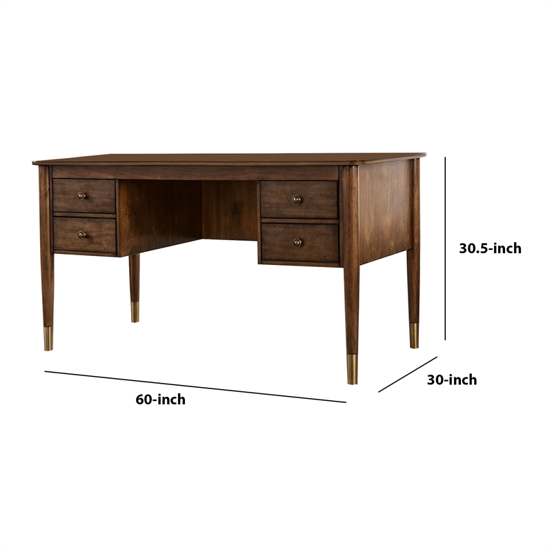Pemberly Row Wooden Desk with 4 Drawers and Metal Toed Feet in Brown and Gold