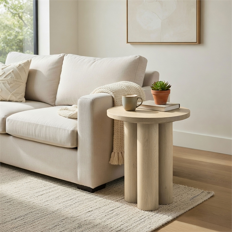 Pemberly Row 17.7 Inch Round Side Table with 3 Pillar Legs in Brown Mango Wood
