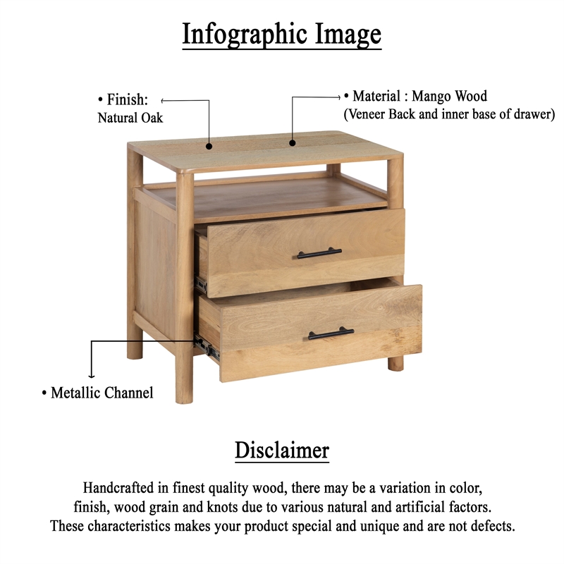Pemberly Row 29 Inch Bedside Nightstand with 2 Drawers in Oak White