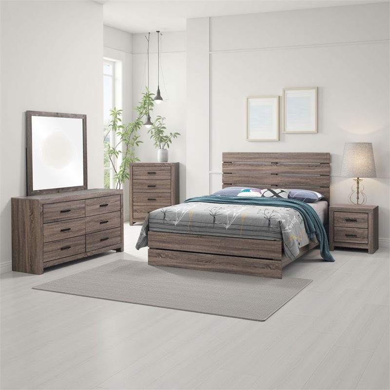 Pemberly Row 5 Piece Queen Bedroom Set with Dresser Mirror in Oak Brown