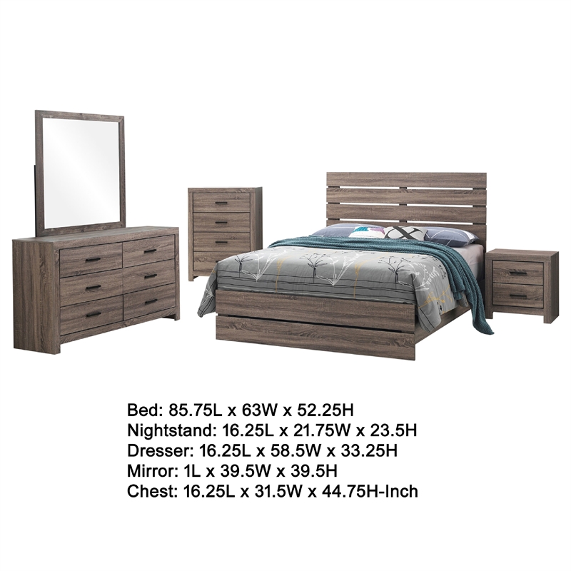 Pemberly Row 5 Piece Queen Bedroom Set with Dresser Mirror in Oak Brown