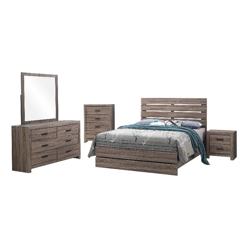Pemberly Row 5 Piece Queen Bedroom Set with Dresser Mirror in Oak Brown