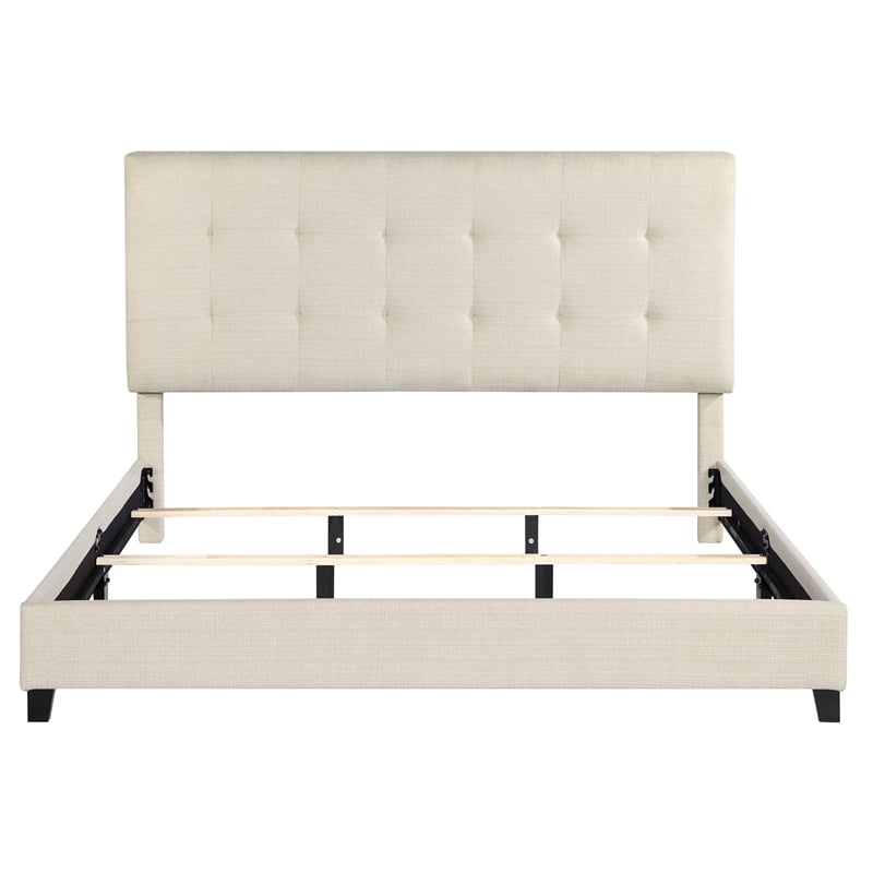 Pemberly Row King Size Tufted Upholstered Platform Bed in Beige