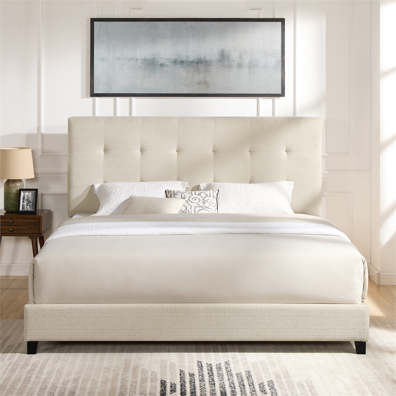 Pemberly Row King Size Tufted Upholstered Platform Bed in Beige