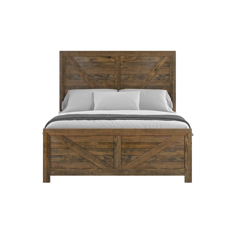 Pemberly Row Rustic Reclaimed Pine Queen Bed Frame with Panel Headboard in Brown