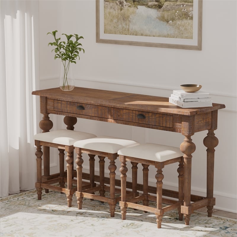Pemberly Row Console Table Set with 3 Stools and 2 Storage Drawers in Brown