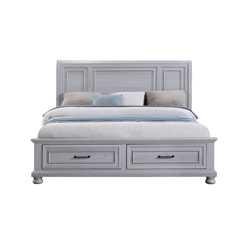 Pemberly Row King Sleigh Bed with 2 Storage Drawers & Paneled Headboard in Gray