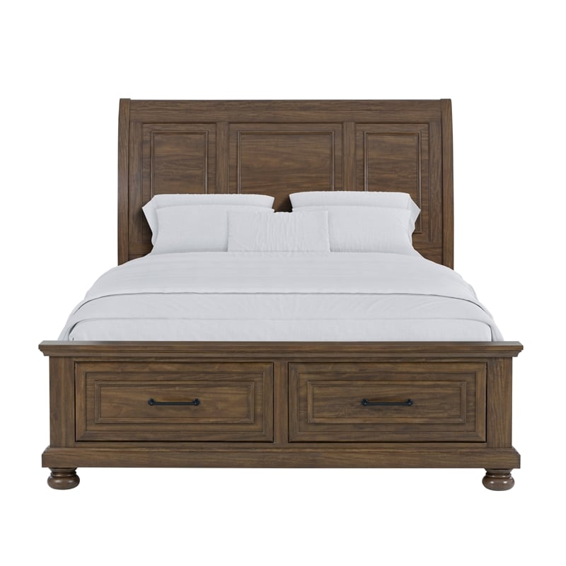 Pemberly Row Queen Storage Bed with Sleigh Headboard & 2 Drawers in Brown