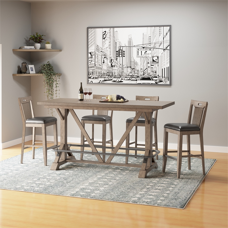 Pemberly Row Set of 2 Slat Back Bar Stools with Faux Leather Seats & Kick Plates