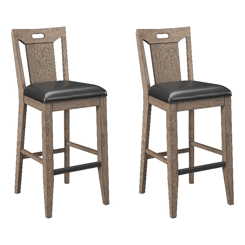 Pemberly Row Set of 2 Slat Back Bar Stools with Faux Leather Seats & Kick Plates