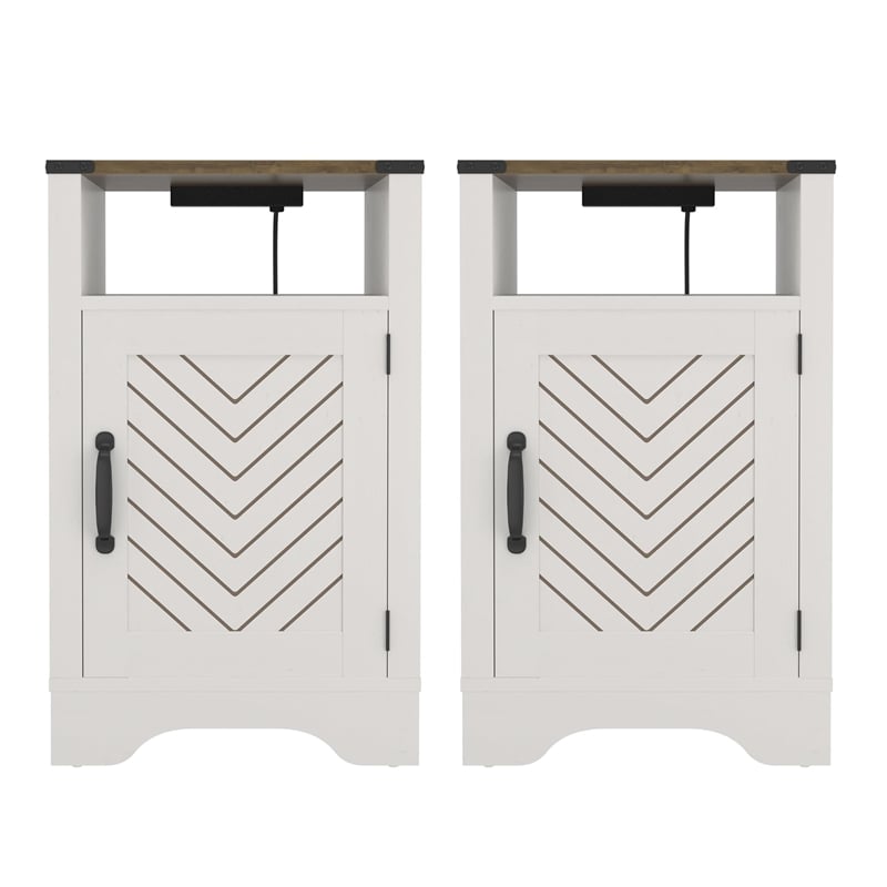 Pemberly Row Farmhouse Nightstand with Charging Station 2 Sets in White & Rustic