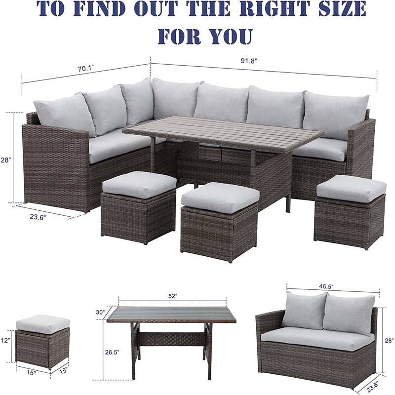 Pemberly Row 7-Piece Stainless Steel Patio Dining Sectional Sofa Set in Gray