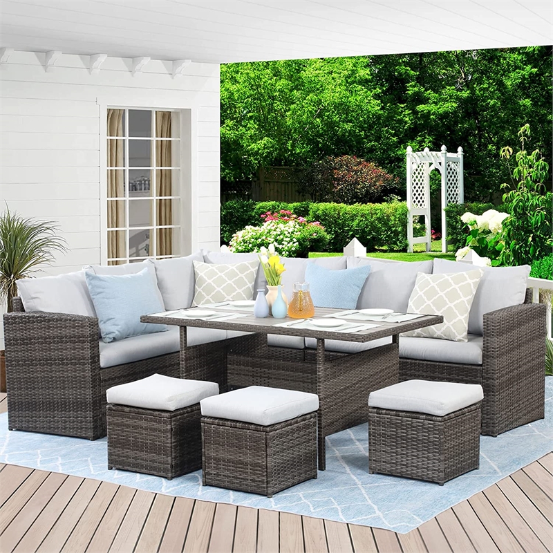 Pemberly Row 7-Piece Stainless Steel Patio Dining Sectional Sofa Set in Gray