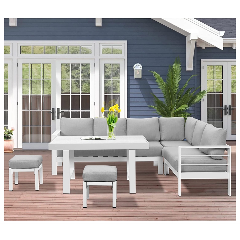 Pemberly Row 6-Piece Outdoor Aluminum & Fabric Dining Set in Light Gray