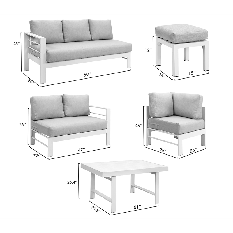 Pemberly Row 6-Piece Outdoor Aluminum & Fabric Dining Set in Light Gray
