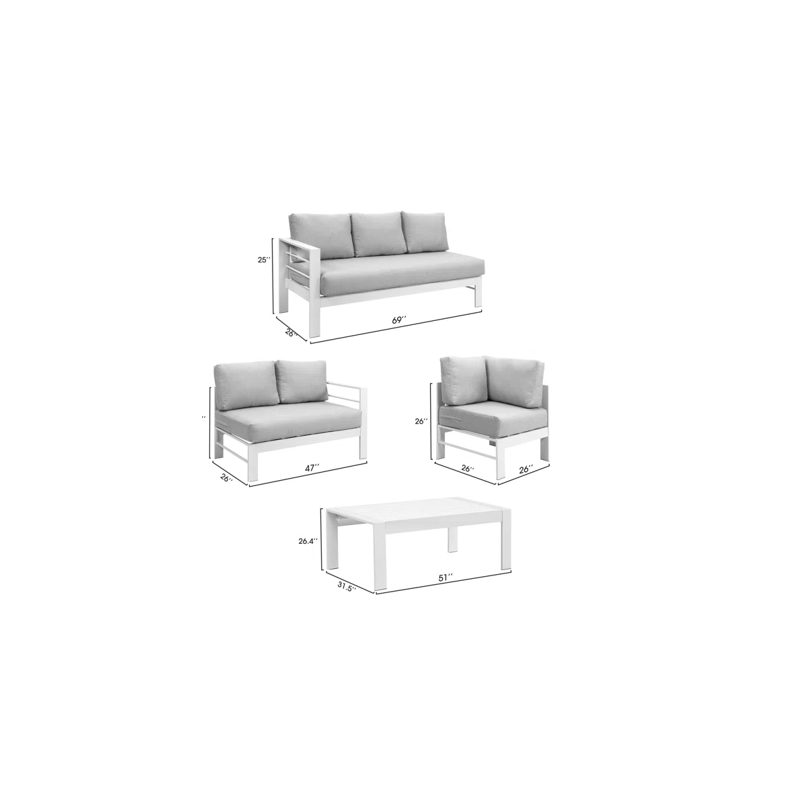 Pemberly Row 4-Piece Outdoor Aluminum & Fabric Conversation Set in Light Gray