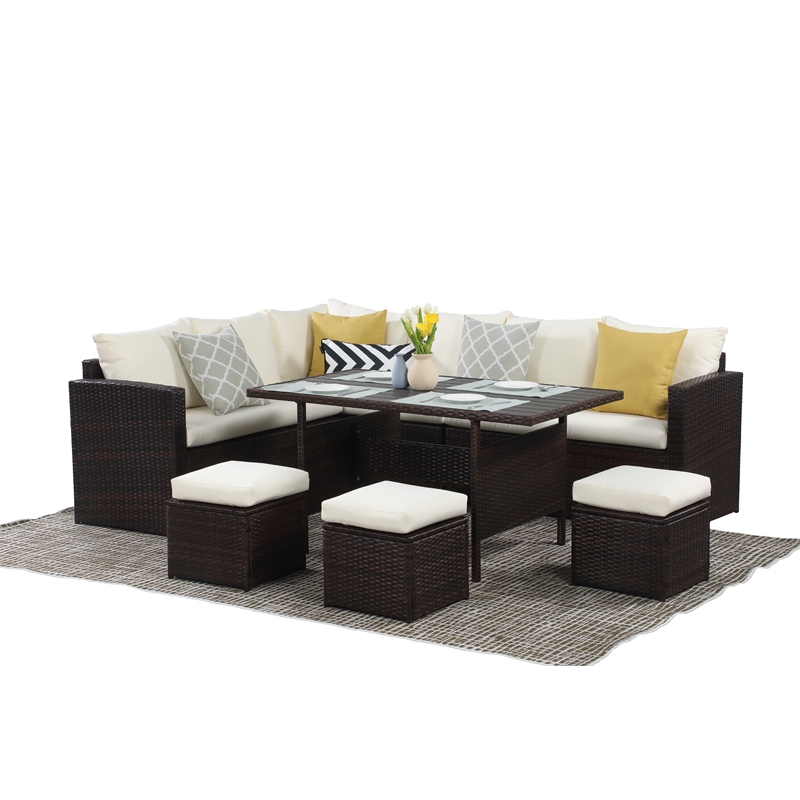 Pemberly Row 7-Piece Stainless Steel Patio Dining Sectional Sofa Set in Brown