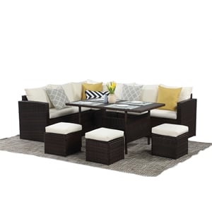 Pemberly Row 7-Piece Stainless Steel Patio Dining Sectional Sofa Set in Brown