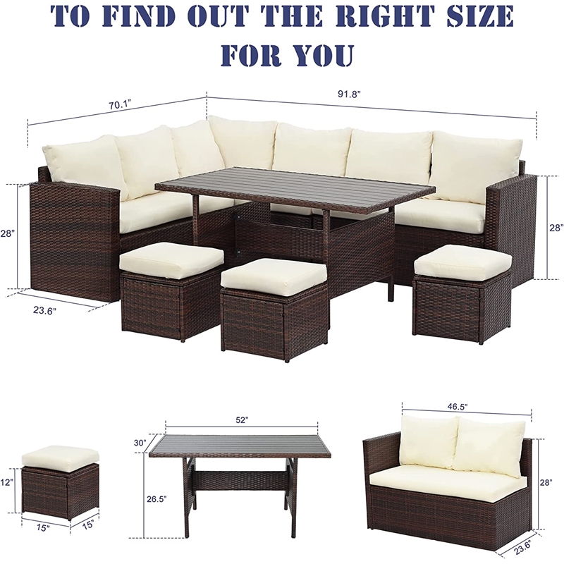Pemberly Row 7-Piece Stainless Steel Patio Dining Sectional Sofa Set in Brown