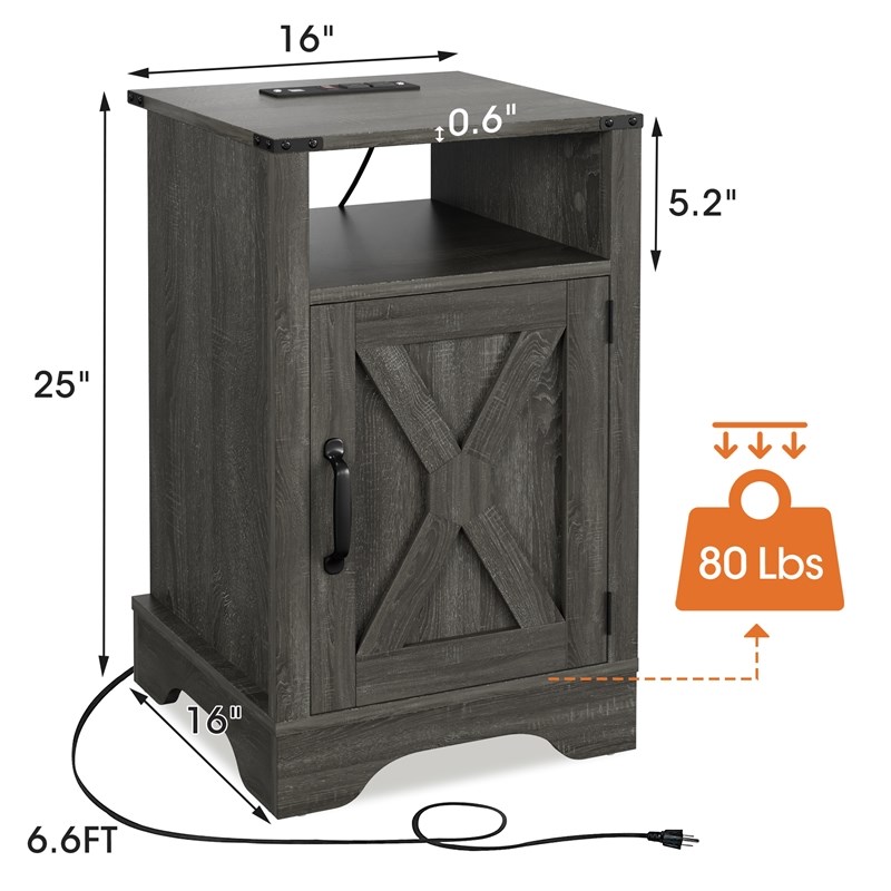 Pemberly Row Engineered Wood Nightstand Side End Table with USB in Dark Gray