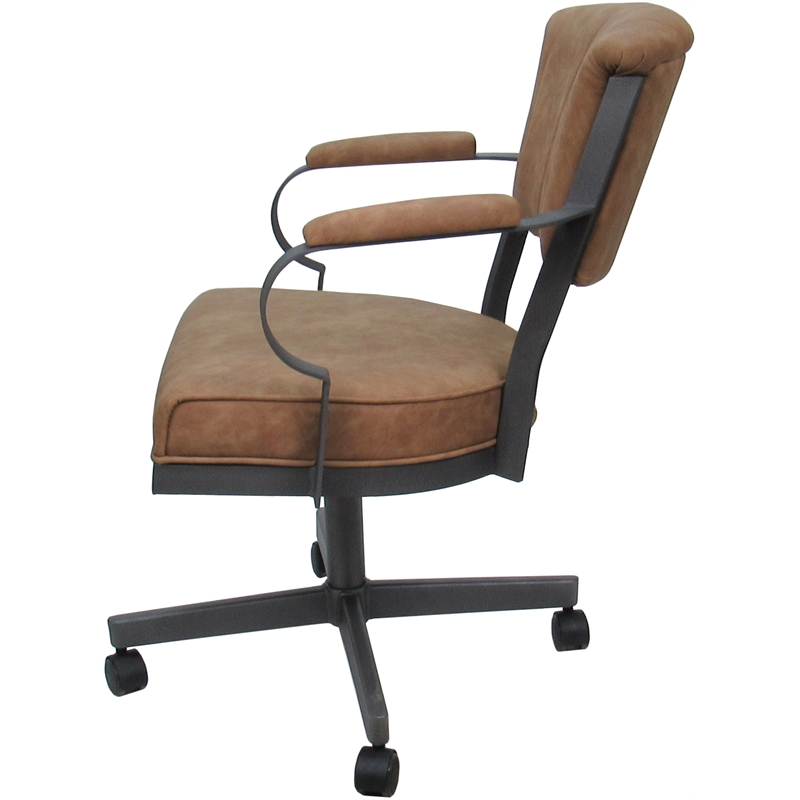 Pemberly Row Swivel Metal Dining Caster Chair in Pecan Brown Vinyl Gray