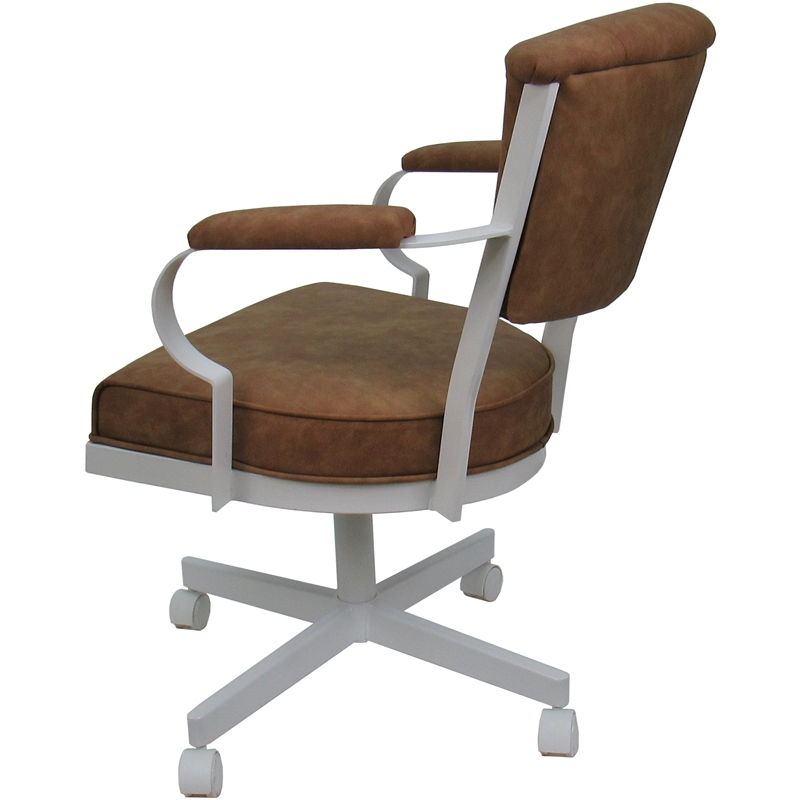 Pemberly Row Swivel Metal Dining Caster Chair in Pecan Brown Vinyl White