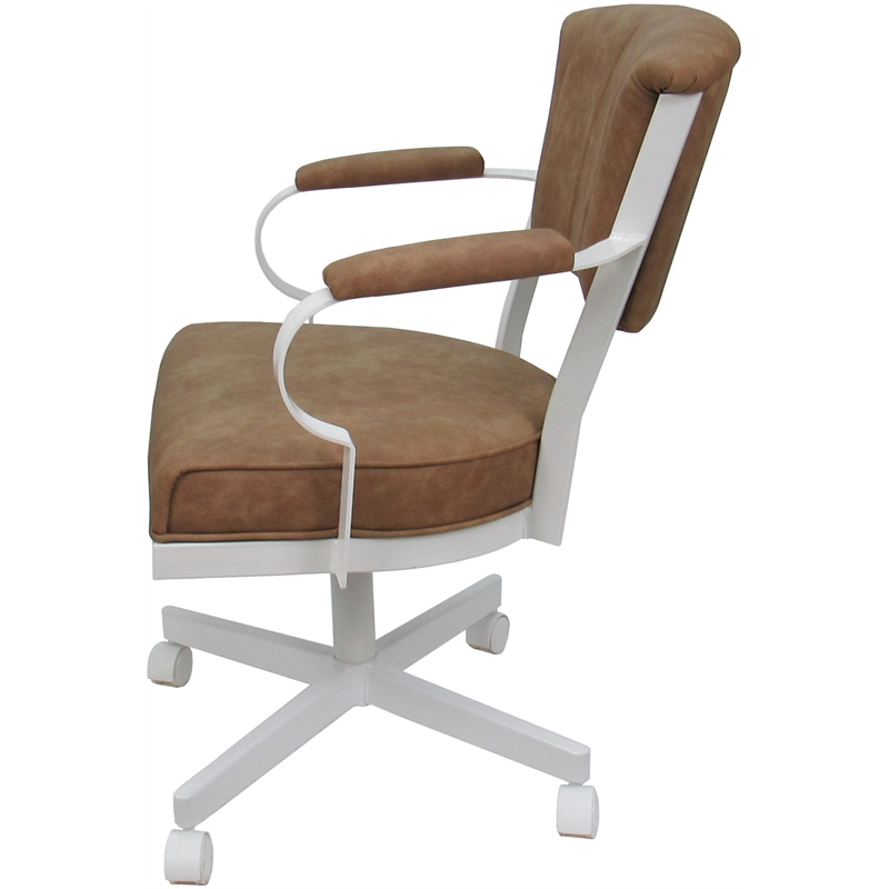 Pemberly Row Swivel Metal Dining Caster Chair in Pecan Brown Vinyl White
