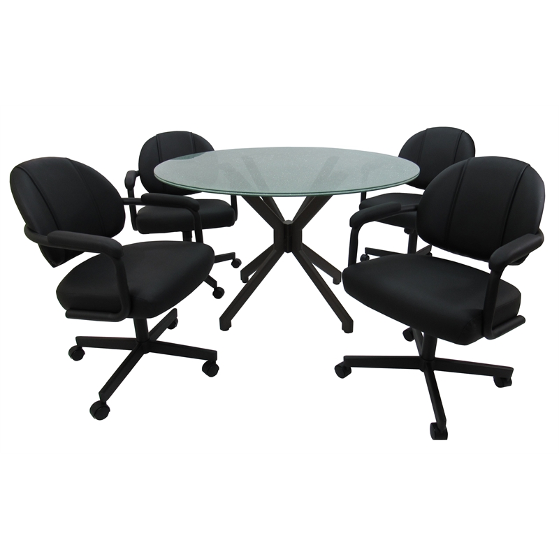 Pemberly Row Dinette Swivel Metal Caster Chairs in Crackle Glass and Black Vinyl
