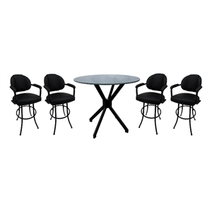 Pemberly Row Crackle Glass Metal Pub Set w/ 30&quot Swivel Bar Stools in Black Vinyl