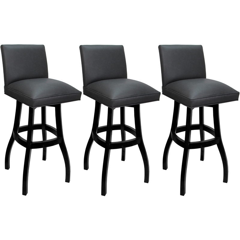 Pemberly Row Set of 3 Extra Tall Swivel Wood Stools in Gray Vinyl Black