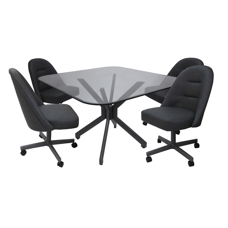 Pemberly Row Dinette Swivel Metal Caster Chairs in Clear Glass Grey Vinyl Grey