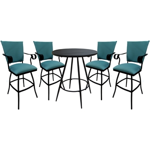 Pemberly Row Outdoor Pub Set with 30&quot Stool Arms Padded Back in Aqua/Black Frame