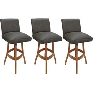 Pemberly Row Set of 3 Swivel Wood Bar Stools 30&quot in Elk Charcoal Fabric Honey