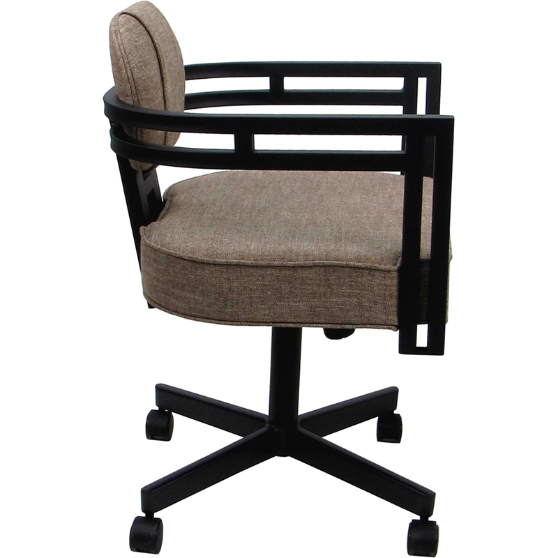 Pemberly Row Swivel Metal Dining Caster Chair in Beige Fabric Black Frame