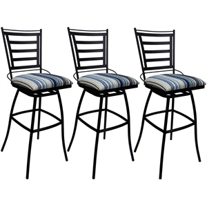 Pemberly Row Set of 3 Extra Tall Stools with Arms in Blue Fabric Black