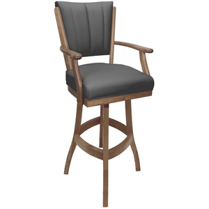 Pemberly Row Leather Solid Wood Bar Stool 30&quot Seat in Gray on Cashew Frame