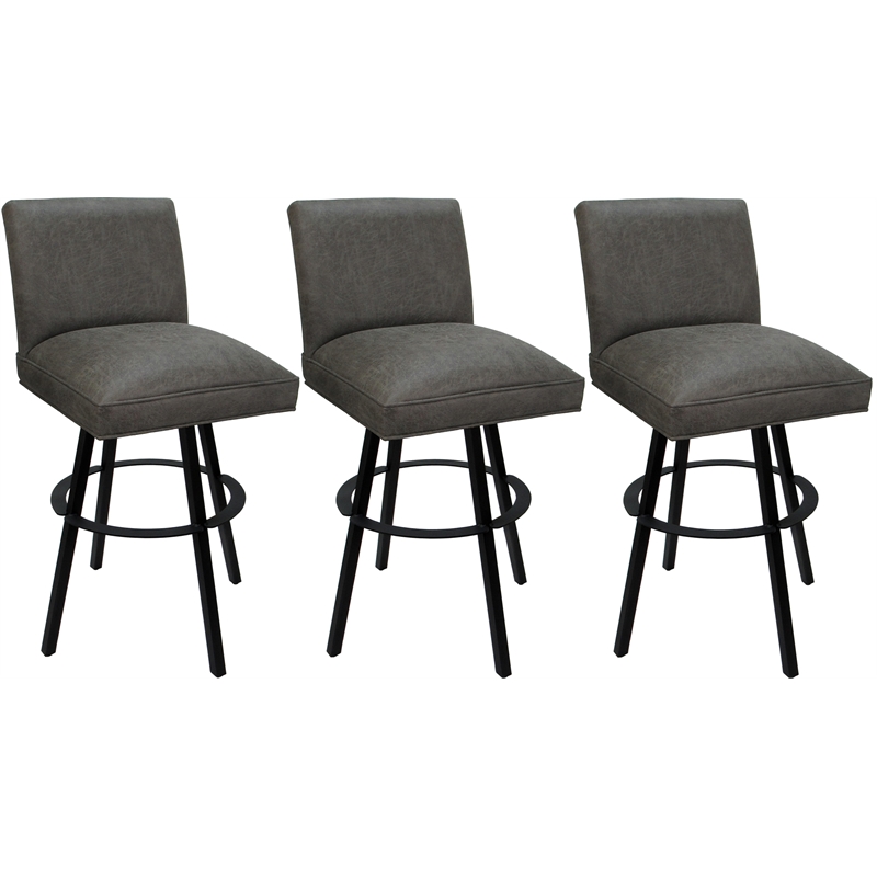 Pemberly Row Set of 3 Swivel Metal Stools in NW Elk Charcoal Fabric & Black