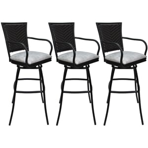 Pemberly Row Set of 3 30&quot Bar Stools w/ Arms in UH W Stone Vinyl w/ Black Frame
