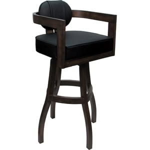 Pemberly Row Swivel Wood Bar Stool 34&quot in Black Vinyl with Dark Walnut
