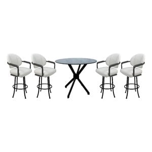 Pemberly Row Pub Set with 30&quot Swivel Bar Stools in White Vinyl with Black Frame