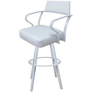 Pemberly Row Swivel Bar Height 30&quot Bar Stool in White Vinyl with White Frame