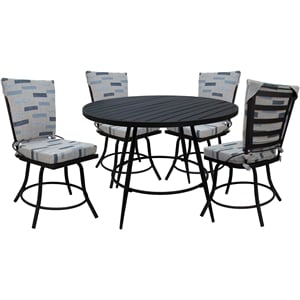 Pemberly Row Patio Dining Set Armless in Blue Beige Fabric with Black Frame