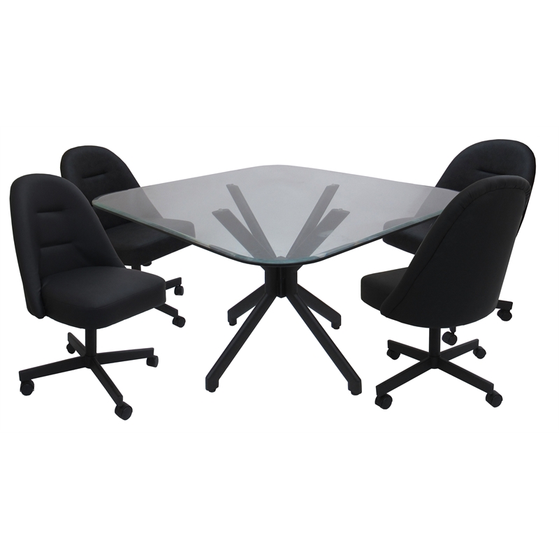 Pemberly Row Dinette Swivel Caster Chairs - Clear Glass in Black Vinyl & Black