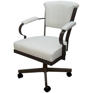 Pemberly Row Swivel Tilt Metal Caster Chair in White Vinyl with Brown Frame