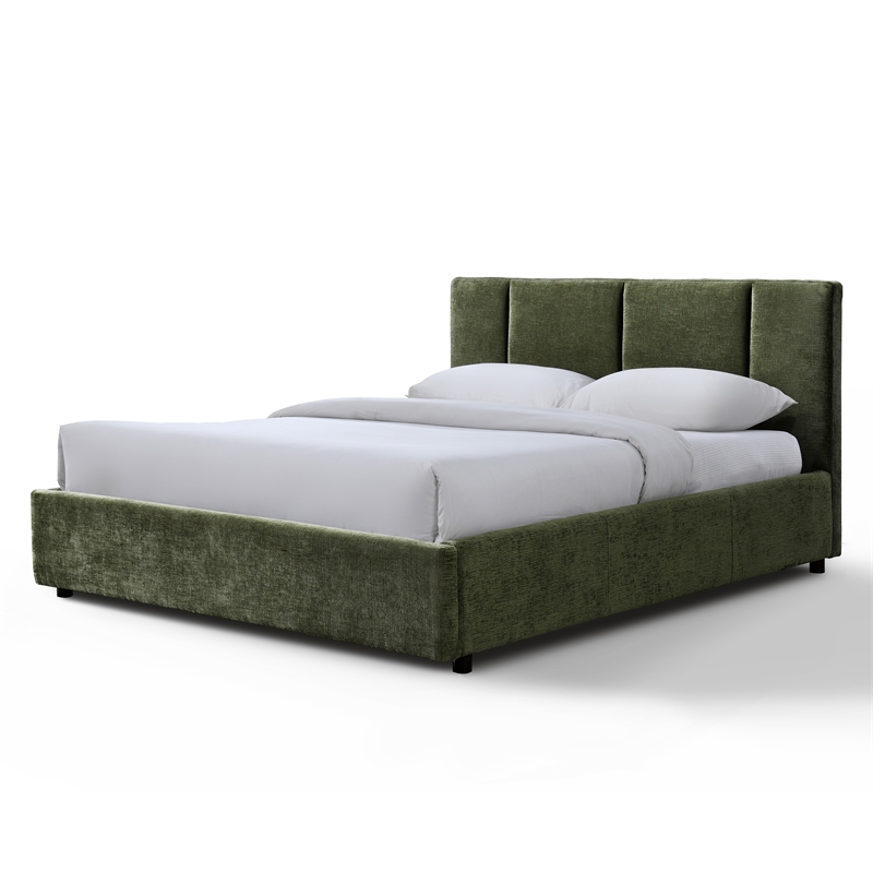Pemberly Row Fabric Upholstered Queen Platform Bed with Channel Tufting in Green