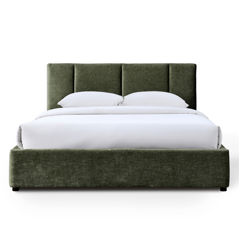 Pemberly Row Fabric Upholstered Queen Platform Bed with Channel Tufting in Green