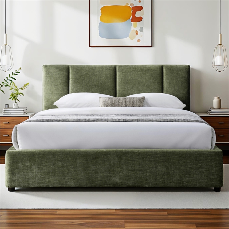 Pemberly Row Fabric Upholstered Queen Platform Bed with Channel Tufting in Green