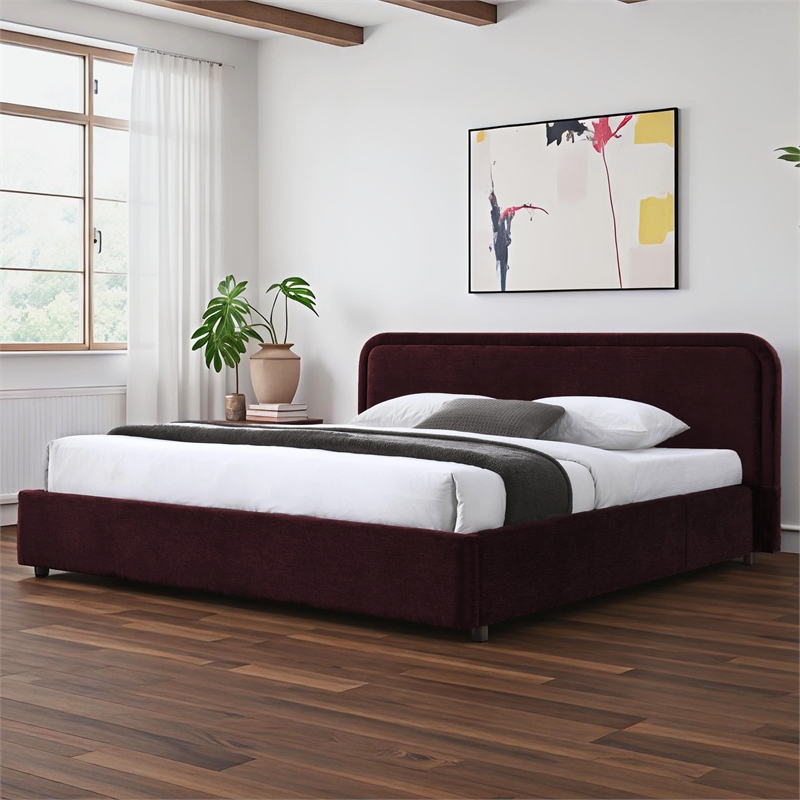 Pemberly Row Upholstered King Platform Bed with Rounded Headboard in Burgundy
