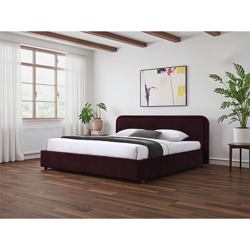 Pemberly Row Upholstered King Platform Bed with Rounded Headboard in Burgundy
